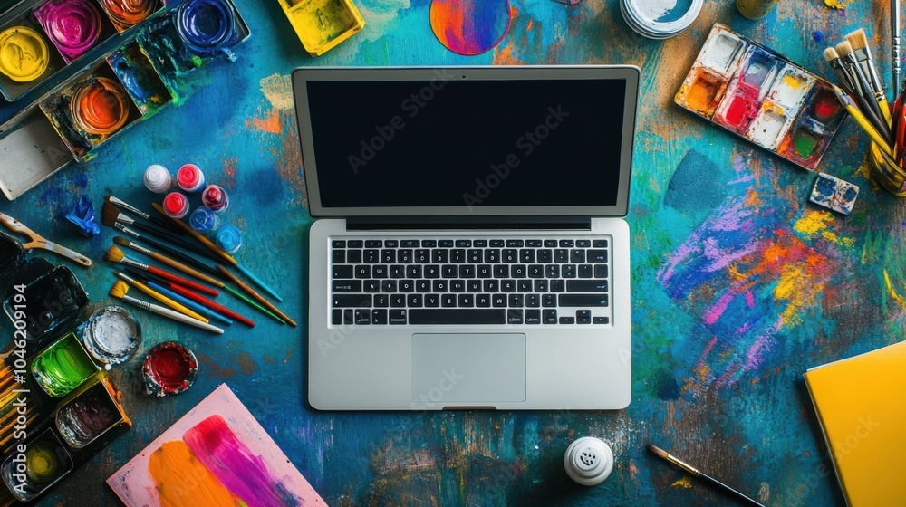 Aufkleber a vibrant workspace displays a laptop positioned amidst an array of paints, brushes, and colorful ar