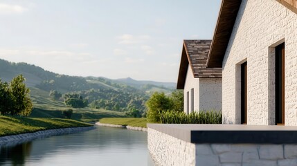 Fototapeta premium Rural market with curved rooflines and local stone walls, positioned near a river in a farming region, rural market, architectural blend with landscape