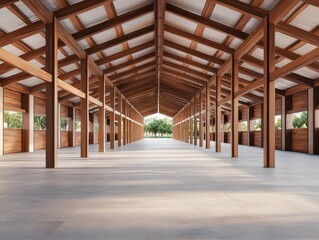 Rural market with large open sheds made of timber and steel, designed for farmers to sell produce in a village setting, rural market, spacious and practical