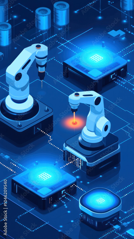 Poster a blue and white image of two robots with a laser on one of them. the robots are surrounded by a net