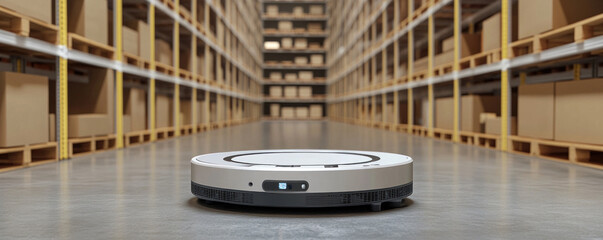 A robot is in a warehouse with a lot of boxes. The robot is white and black