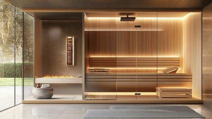 a contemporary sauna featuring high-quality wood
