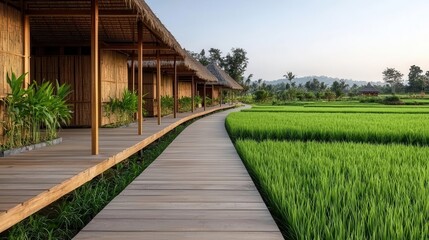 Obraz premium Rural market with multilevel wooden platforms, designed to follow the natural slope of the land, surrounded by fields, rural market, architecture in tune with nature