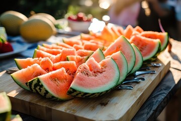 Freshly Sliced Watermelon and Cantaloupe on Wood Board