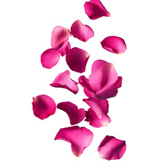 Vibrant Pink Rose Petals Falling on white and transparent background. PNG
