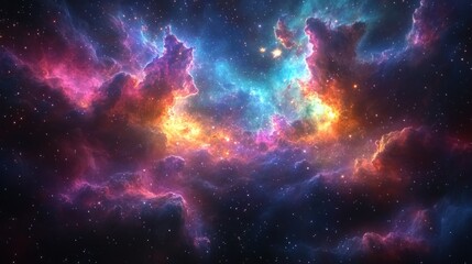 Vibrant cosmic nebula with colorful gases and stars.