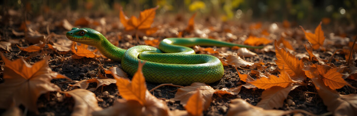 Fototapeta premium Vibrant green snake in autumn leaves: nature's harmony