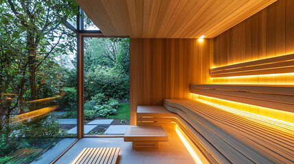 A contemporary sauna featuring smooth light wood 