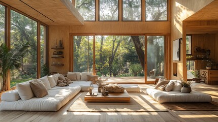Fototapeta premium Modern Living Room with Large Windows and Natural Light