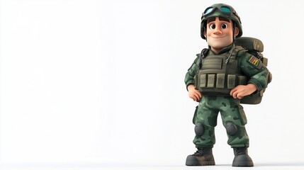 Cartoon Soldier in Full Military Gear with Backpack
