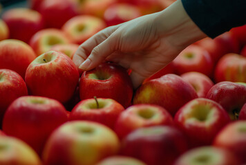 a hand picking red apple in a fruit store