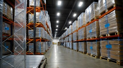 Large warehouse with stacked pallets and organized storage, showcasing efficient logistics and industrial operations