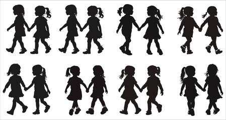 Vector silhouettes of a children playing and holding hands. Silhouettes of children playing. Silhouettes of children playing and holding hands. Vector illustrations of girl playing silhouettes