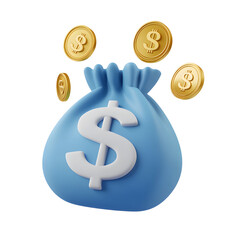 3D Illustration of Blue Money Bag with Gold Coins on white and transparent background. PNG