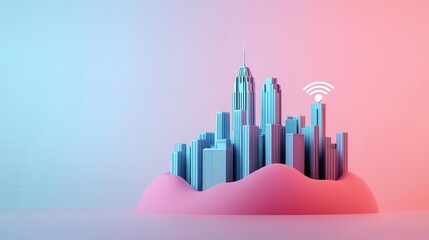 Fototapeta premium Abstract 3D visualization of 5G waves encircling a smart city, highlighting the impact of 5G progress, 5G, technologydriven city