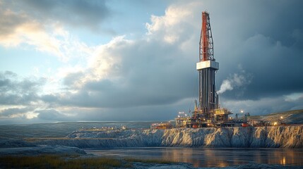 Oil drilling rig set against a dramatic sky and landscape.