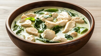 A Thai green curry, with chicken, bamboo shoots, and basil in a creamy coconut milk sauce.


