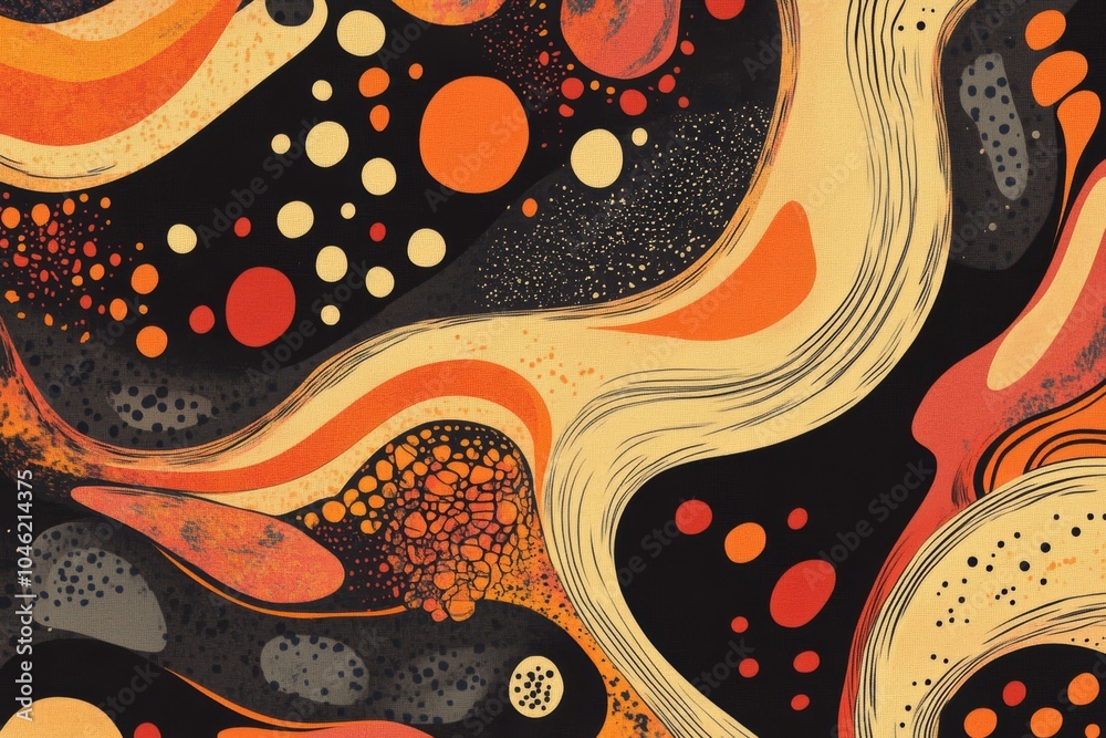 Poster this artwork showcases a vibrant doodle design with retro shapes and warm tones, capturing the essen