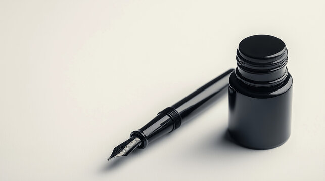 National Author's Day concept,sleek black fountain pen lies next to a matching ink bottle on a clean,white background,ideal for elegant writing or artistic expression,copy space - Powered by Adobe