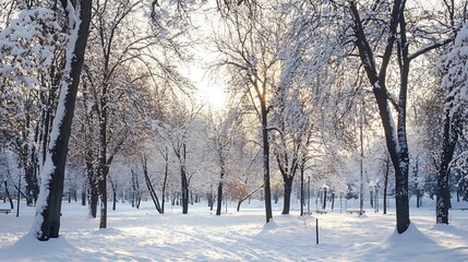Fototapeta premium Snowy Winter Park at Sunset