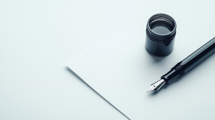 National Author's Day concept,fountain pen rests next to a bottle of black ink on a clean workspace with a blank sheet of paper prepared for writing or drawing,copy space