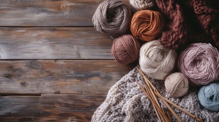 A cozy knitting circle with yarn and needles, Knitting materials arranged harmoniously, Homestyle minimalist style