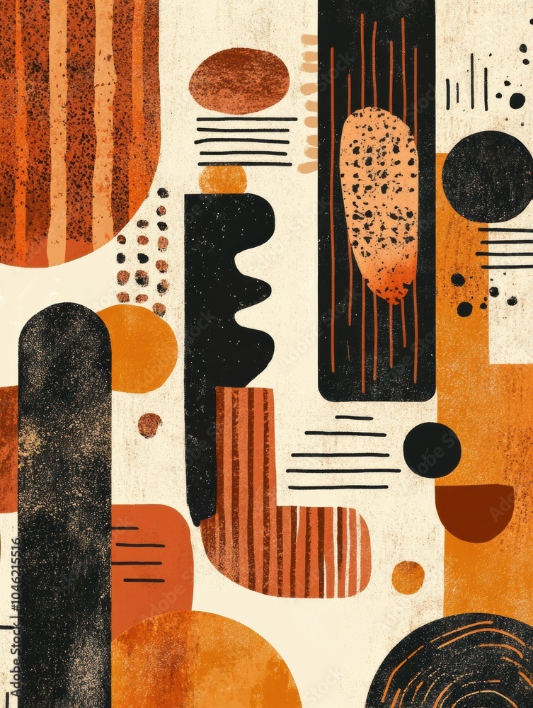 Poster This artwork features a collection of retro-inspired doodles in warm tones, blending various shapes and patterns reminiscent of the 70s and 80s. Generative AI