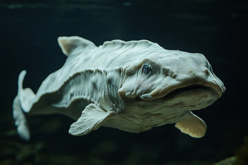 Close-up of a beluga sturgeon, showcasing the elongated body and textured skin.