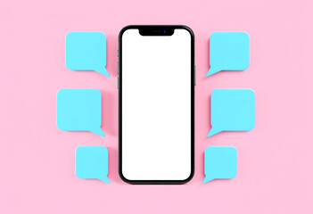 blank phone screen mockup with chat bubble and icons, pink background