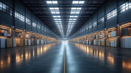Fototapeta premium Spacious warehouse interior with organized storage and bright lighting.