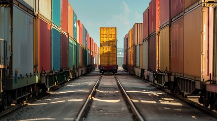Fototapeta premium Freight containers are being efficiently loaded from a truck onto a train at a busy transportation hub, highlighting logistics operations. Generative AI