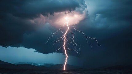 Dramatic lightning strikes illuminating a stormy sky over a tranquil landscape.