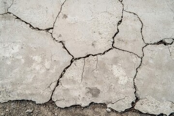 A close-up view of cracked concrete, showcasing various fissures and textures on a weathered surface, indicative of aging and environmental effects.