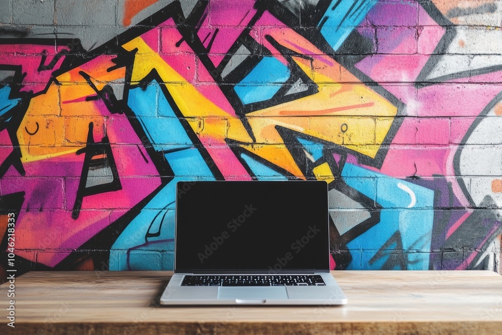 Aufkleber a modern laptop sits on a wooden surface in front of a colorful graffiti wall, inviting creativity a