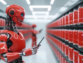 Naklejka premium AIcontrolled robotic arms labeling and sealing canned food products at high speed, canned food, robotic automation in packaging