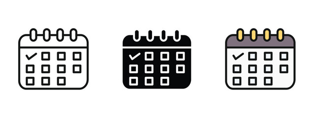 Calender icon, set of three calender icons, editable calender icons set in outline, silhouette and editable color icon with an unexpanded vector inside