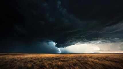 Fototapeta premium Dramatic storm clouds gathering over a vast open field.