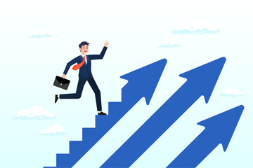 Obraz premium Businessman walk up arrow stair for victory, step to success, improvement, challenge or career growth development, leadership progress, career path direction or stairway to win business concept