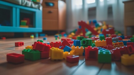 Obraz premium Colorful Plastic Building Blocks Scattered on Wooden Floor