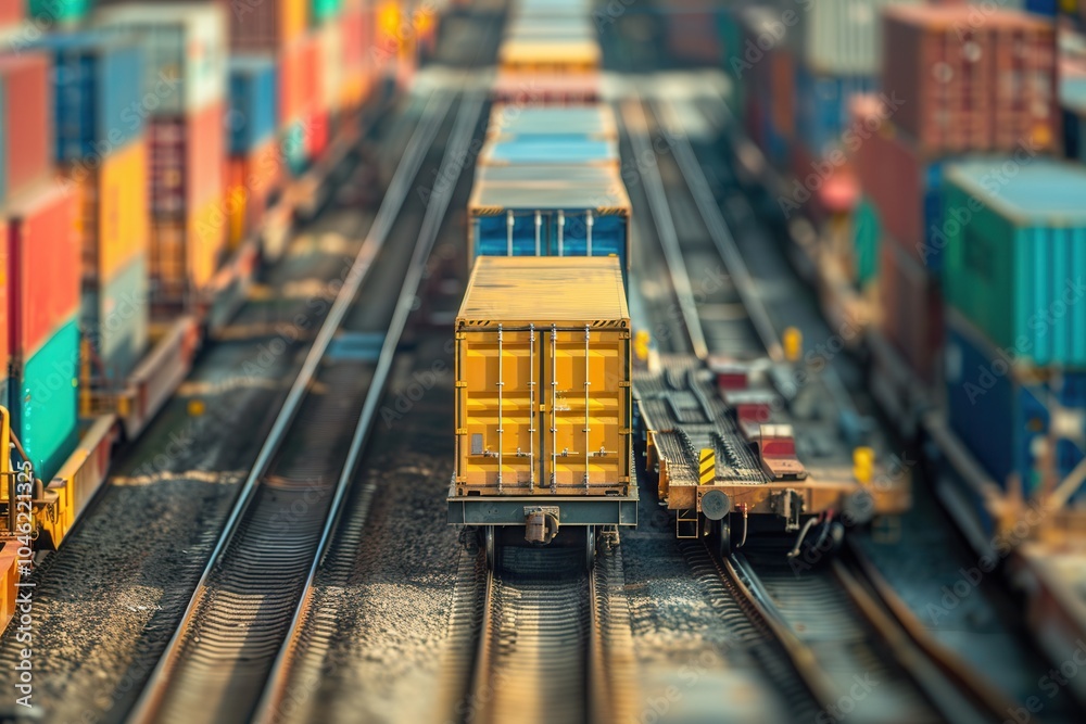 Aufkleber trucks are loading colorful containers onto a train at a logistics center, highlighting efficient mu