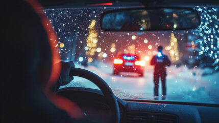 A drivers perspective on a snowy night, approaching a police officer at a checkpoint. Message of safe driving and the dangers of drunk driving during the holiday season. Image made using Generative AI