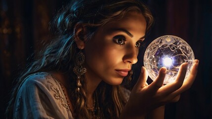 Naklejka premium Mystic Woman Gazing into Crystal Ball
