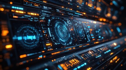 Fototapeta premium Futuristic interface with glowing screens and data displays.