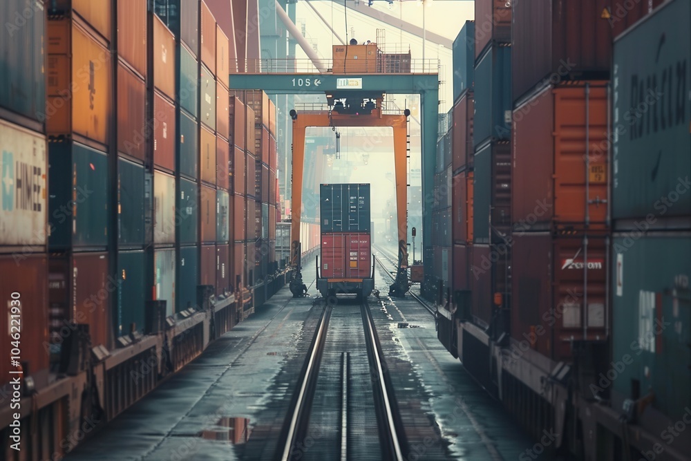 Fototapete freight containers are being efficiently transferred from a truck onto a train at a busy transport h