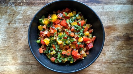 Fresh Colorful Salsa in Black Bowl on Wooden Table