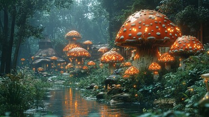 Illuminated Mushroom Homes Along a Forest Stream