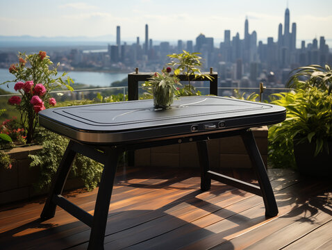 Urban outdoor dining and leisure folding table, home, business office, outdoor, IGT folding table, wooden deck, modern outdoor furniture, green plants, urban outdoor, dining, leisure