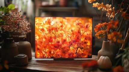A vibrant display of orange flowers on a modern screen.