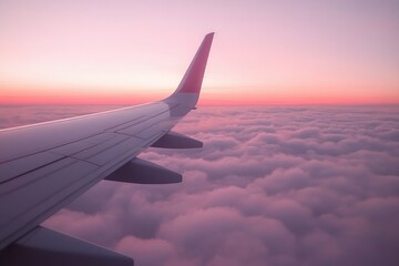 Fototapeta premium A view from an airplane window during sunrise with fluffy clouds below and the wing of the plane extending into the distance. 