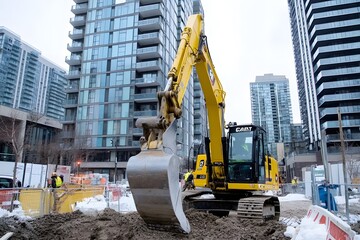 A yellow excavator with a large bucket is positioned in the middle of a construction site in a city with tall buildings in the background. The ground is covered in dirt and snow.